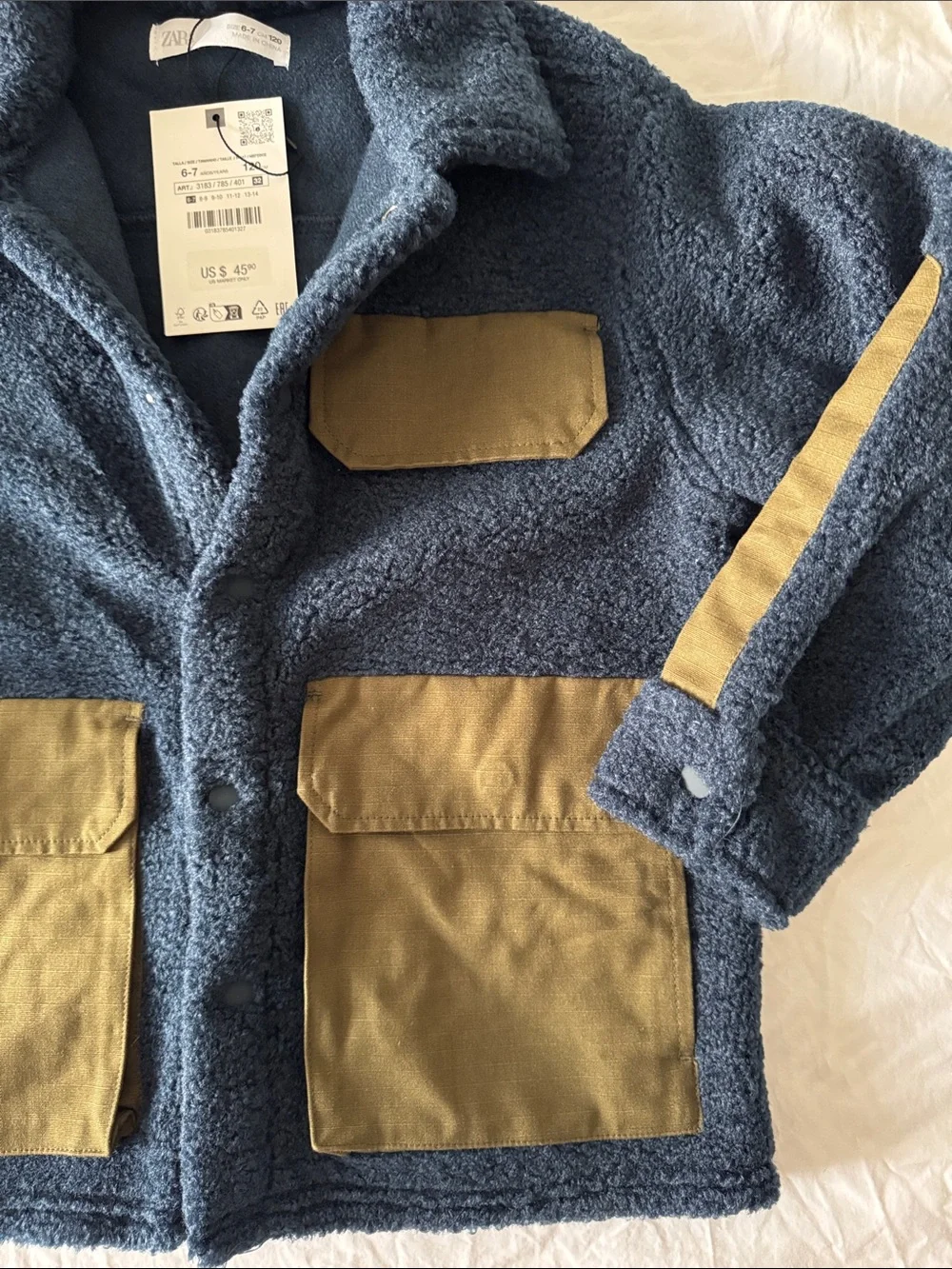 ZARA Kids Navy Sherpa Jacket with Contrast Tan Pockets NWT size 6-7